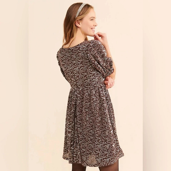 MOON RIVER by ANTHROPOLOGIE Sequin Babydoll Mini Dress in Brown - Picture 2 of 10